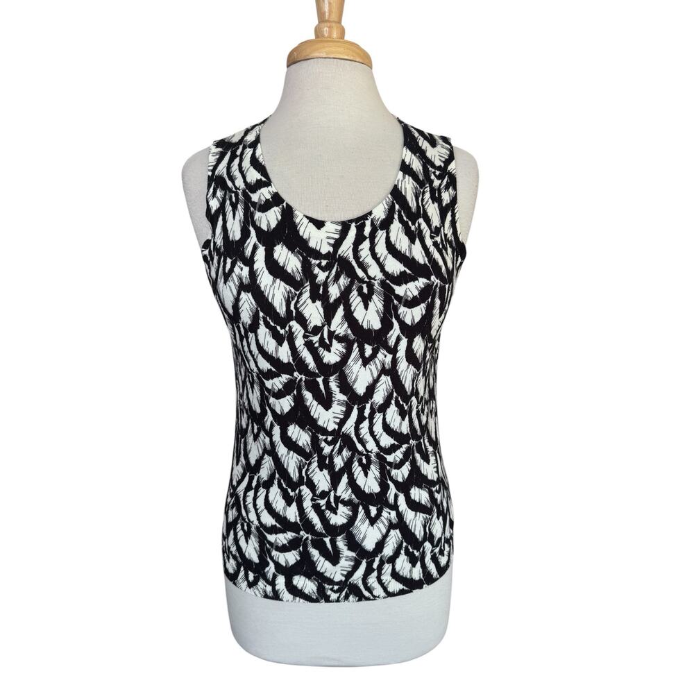 TALBOTS *NEW* Leaf Print Knit Cotton Blend Sleeveless Top Sz Medium Black Cream